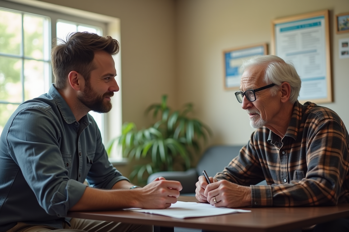 Travailleur social discutant avec un senior dans un centre communautaire