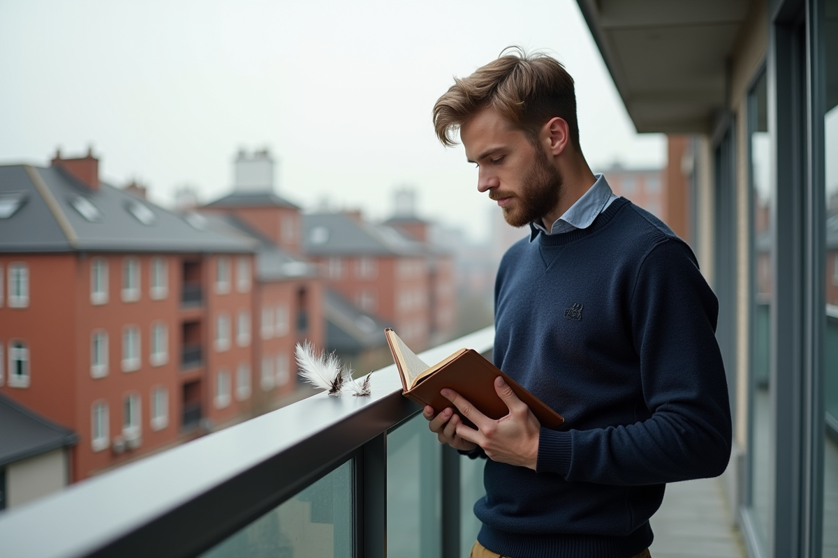 Jeune homme avec journal et plumes blanches sur balcon urbain