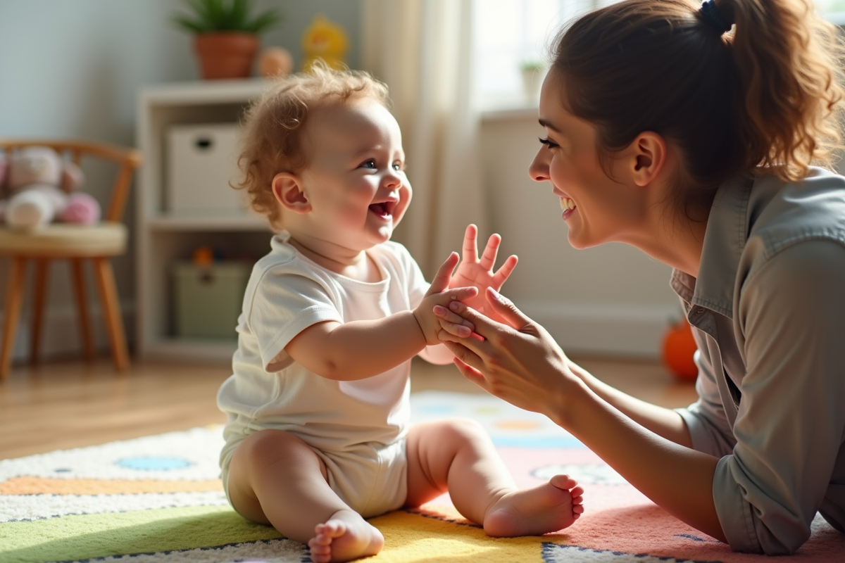 Bébé de six mois souriant sur un tapis coloré avec sa mère
