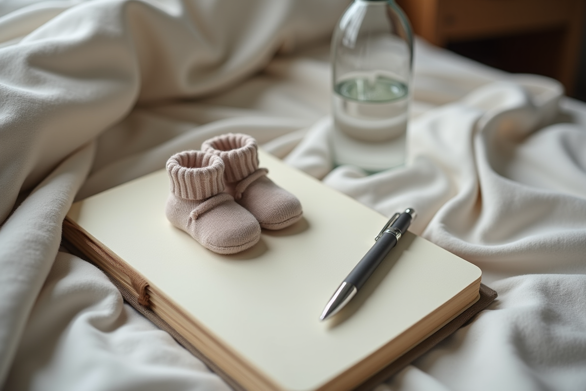 Petits chaussons de bebe sur un lit avec journal de grossesse