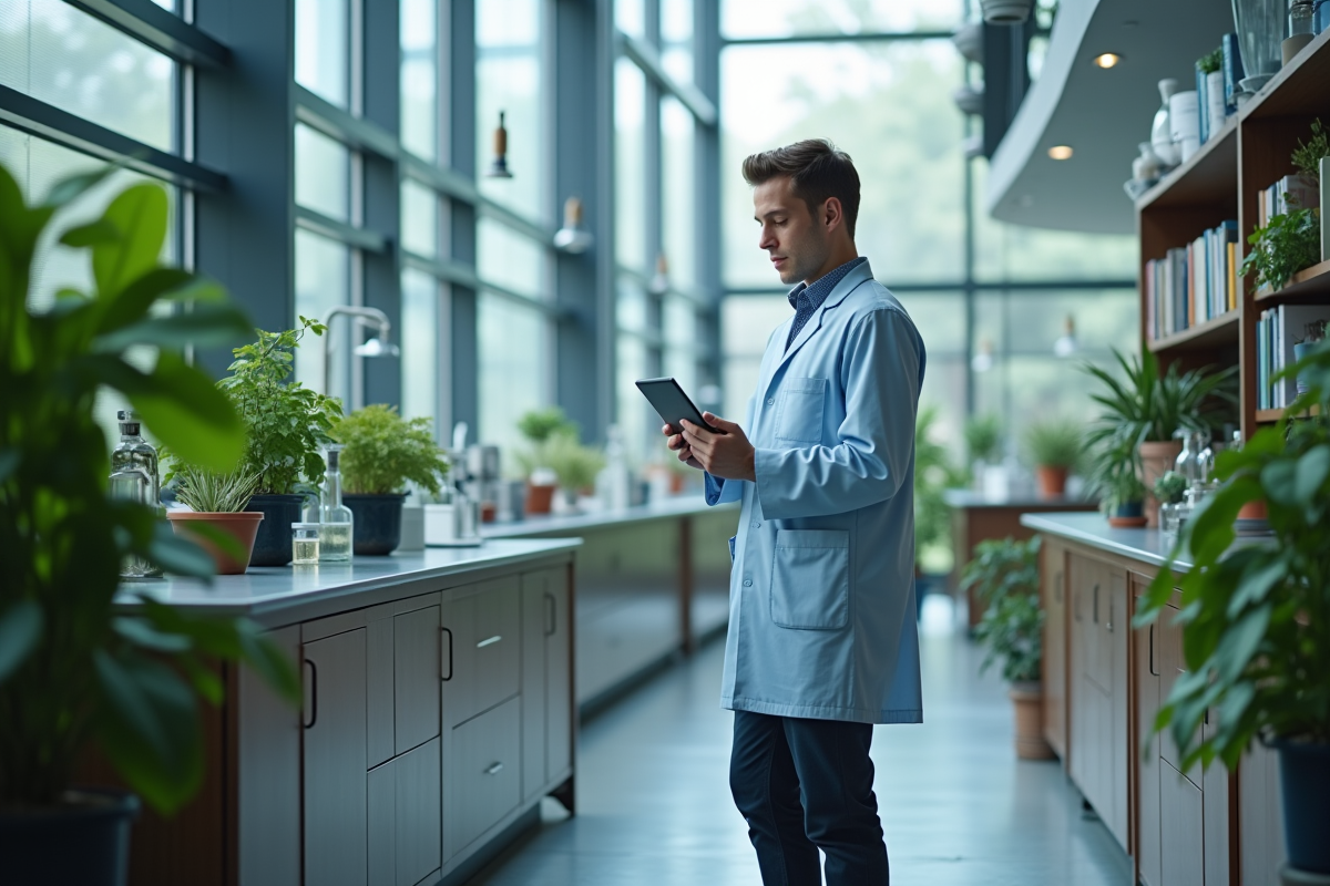 Jeune chercheur en laboratoire avec plantes et ecran digital
