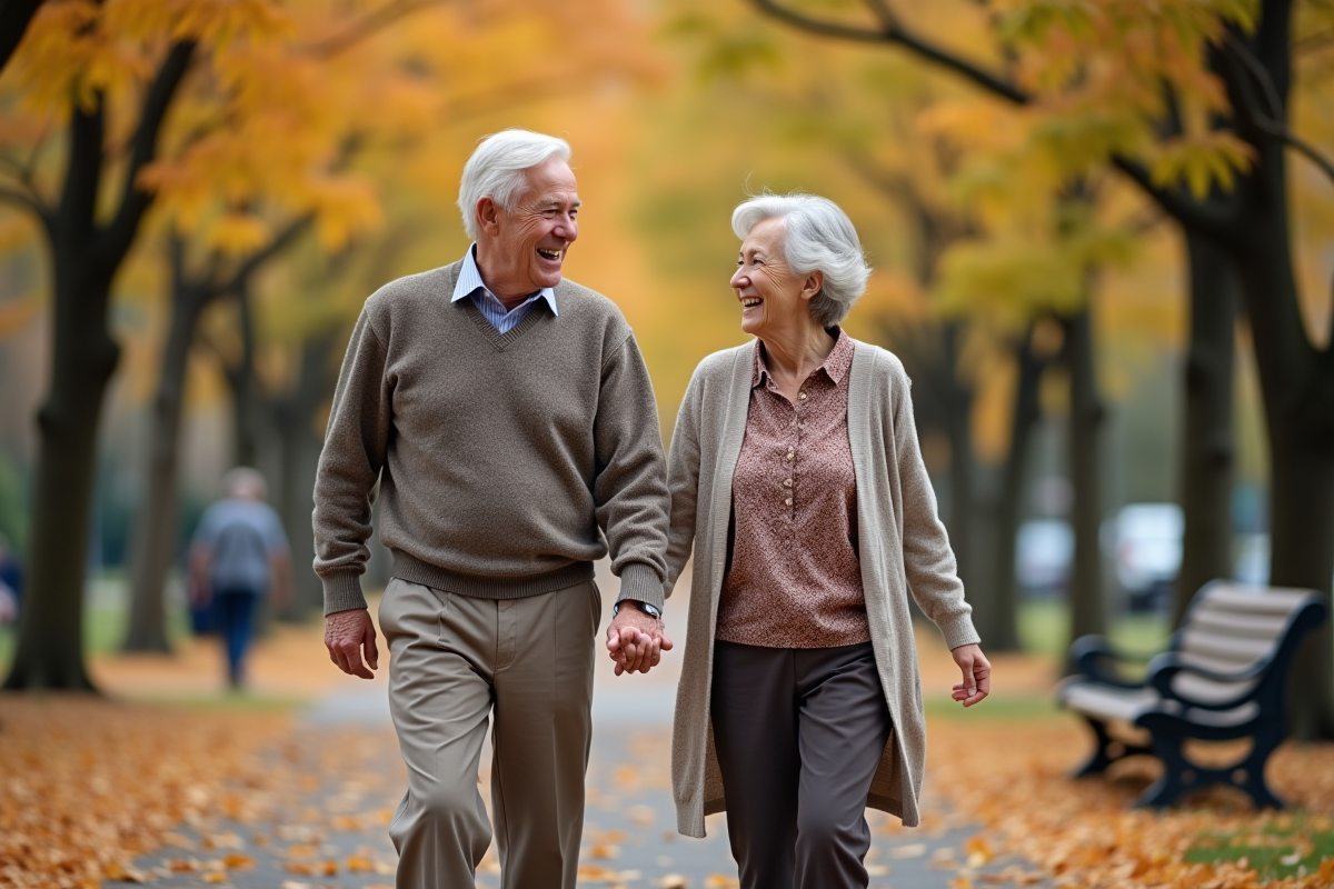 Couple âgé marchant dans un parc en automne