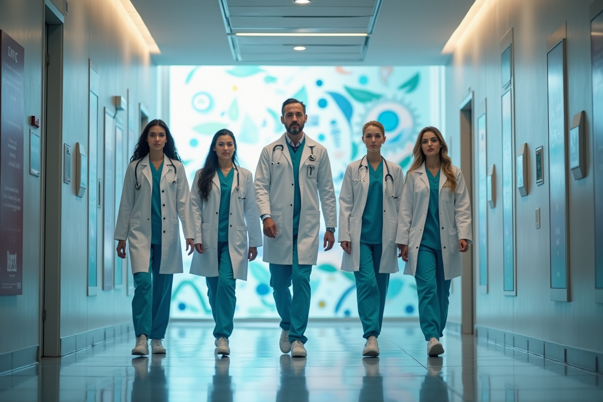 Équipe de professionnels de santé marchant dans un couloir d