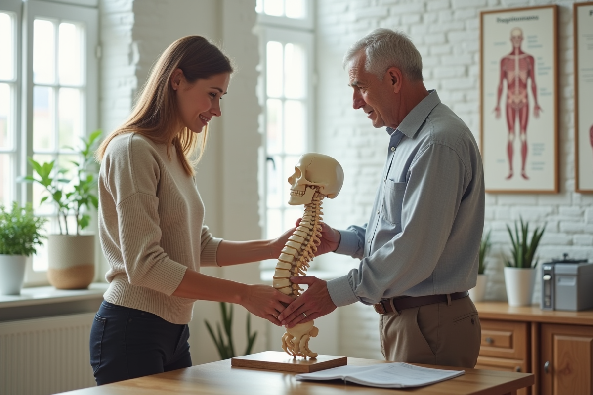 Jeune osteopathe expliquant un modèle de colonne vertébrale