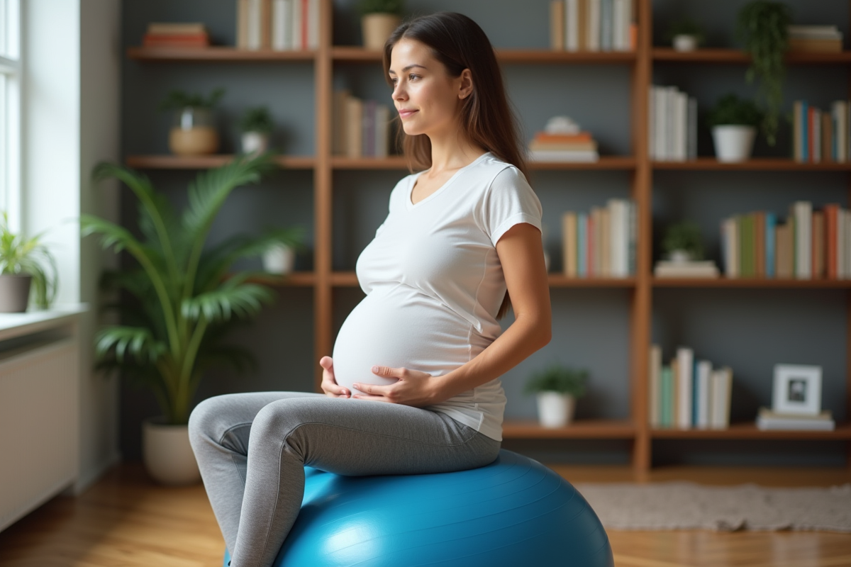 Femme enceinte assise sur un ballon de naissance dans un salon