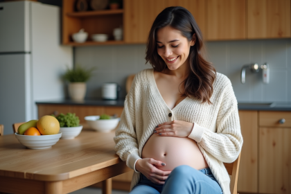 Femme enceinte souriante dans une cuisine chaleureuse