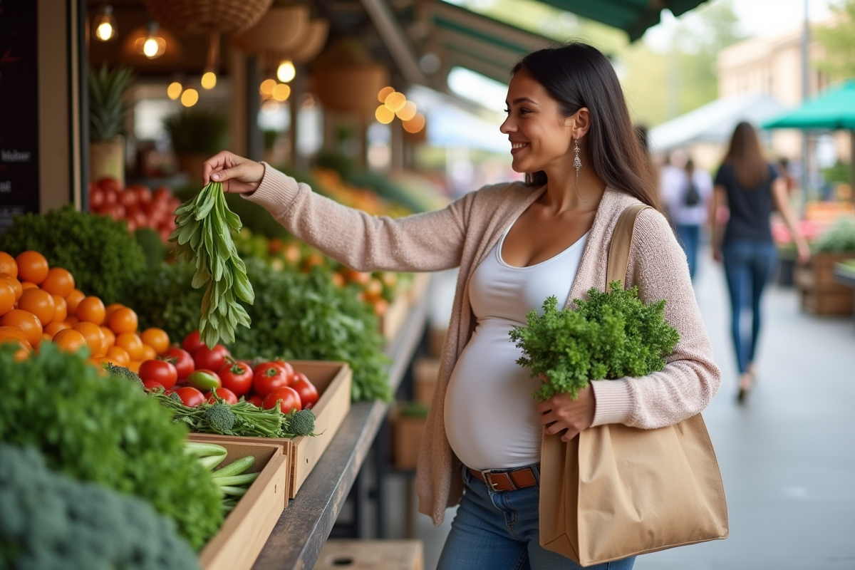 Femme enceinte achetant des légumes au marché bio