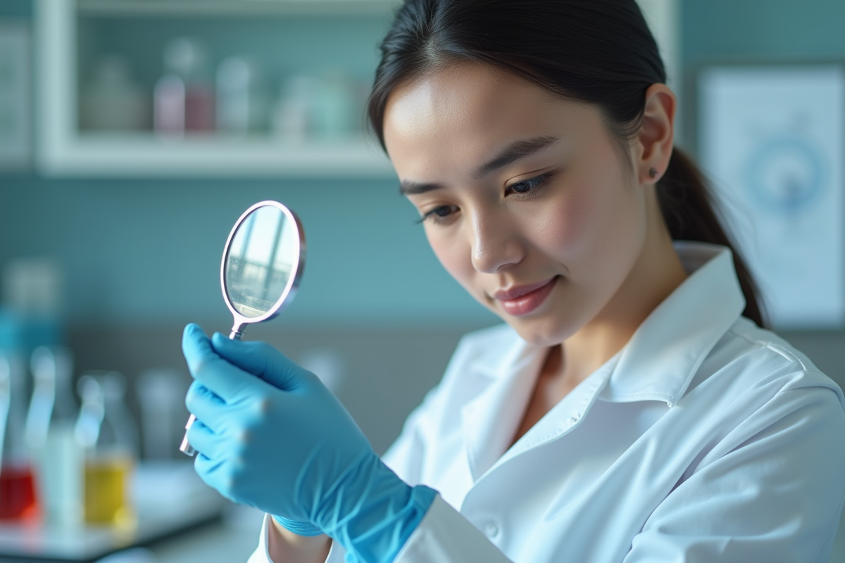 Jeune femme en blouse de laboratoire examinant ses doigts mouillés