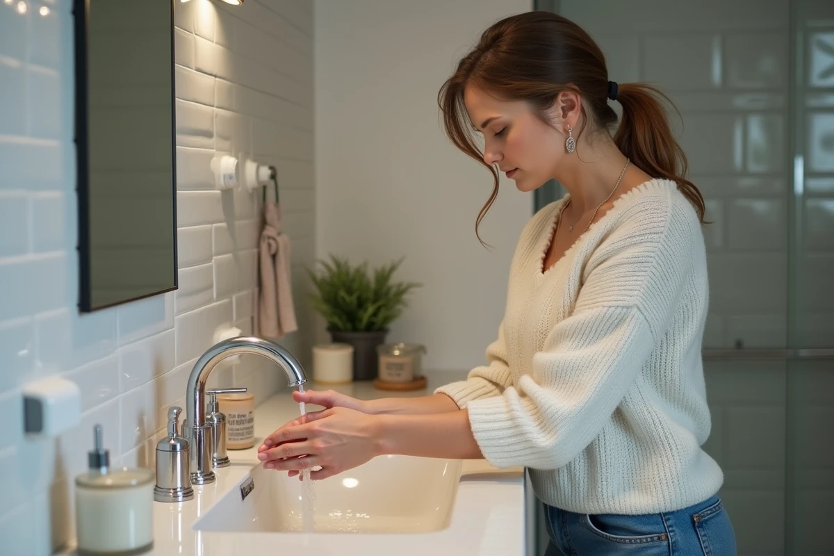 Femme lavant ses mains dans un lavabo moderne