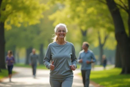 Femme mature souriante lors d'une promenade matinale dans un parc