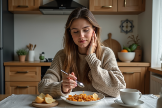 Femme en petit déjeuner sain dans une cuisine moderne