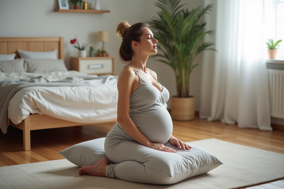 Femme détendue en position de yoga dans une chambre à la maison