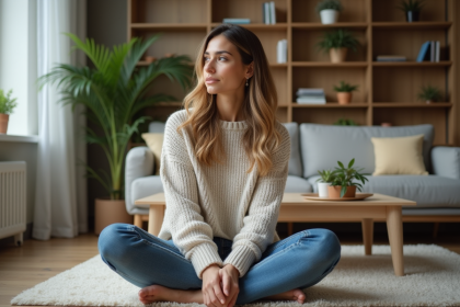 Femme assise en d&eacute;tente dans un salon moderne