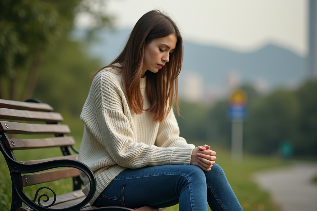 Jeune femme assise sur un banc dans un parc verdoyant