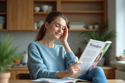 Femme souriante lisant un magazine de bien-être à la maison