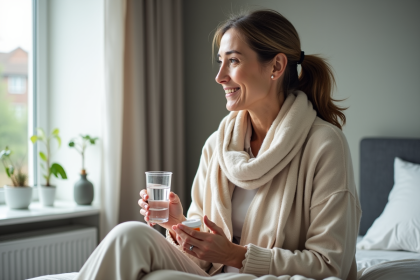 Femme d'âge moyen tenant médicaments dans une chambre moderne
