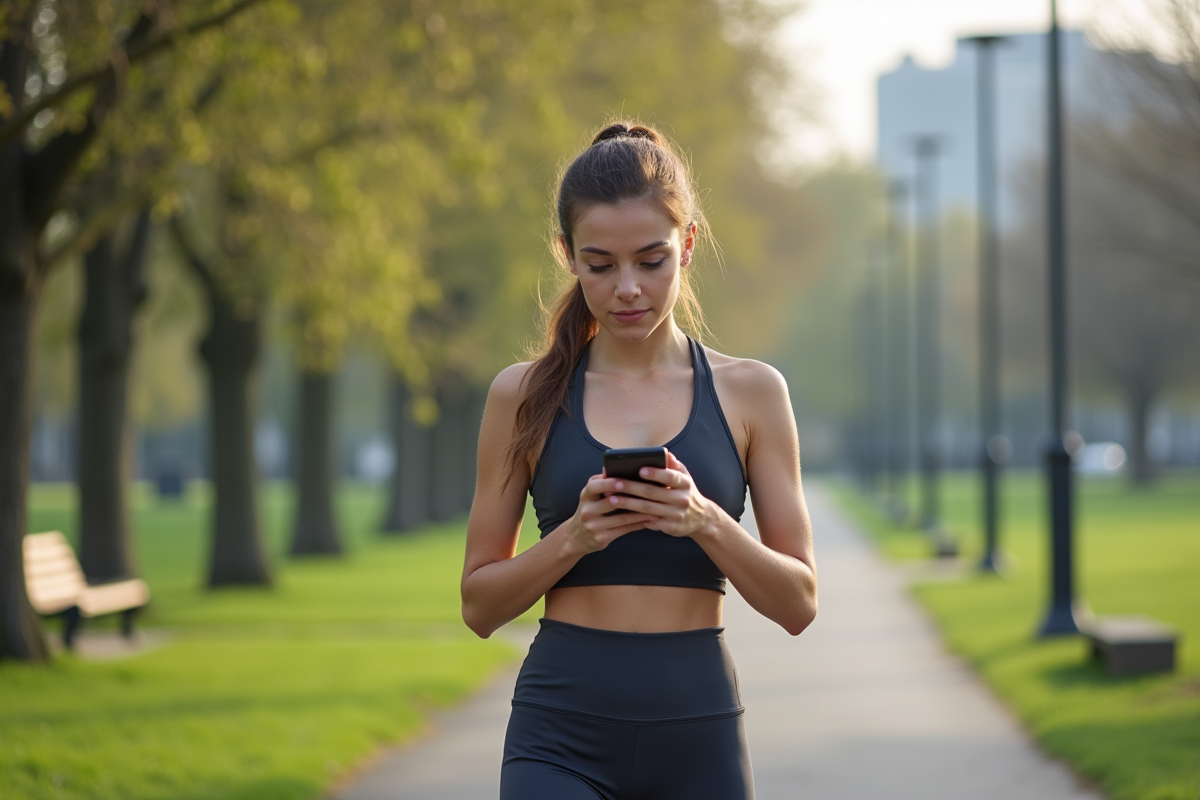 Jeune femme en tenue de sport dans un parc urbain en marche