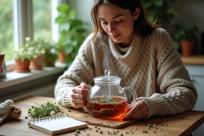 Femme en pull cosy inhale vapeur de tisane aux herbes