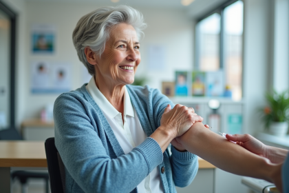 Femme souriante en cabinet médical après vaccination