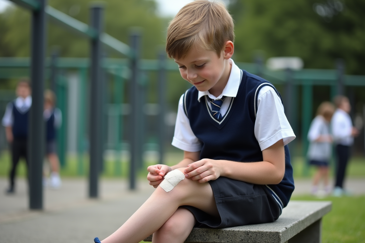 Garçon au collège inspectant un bandage sur le genou