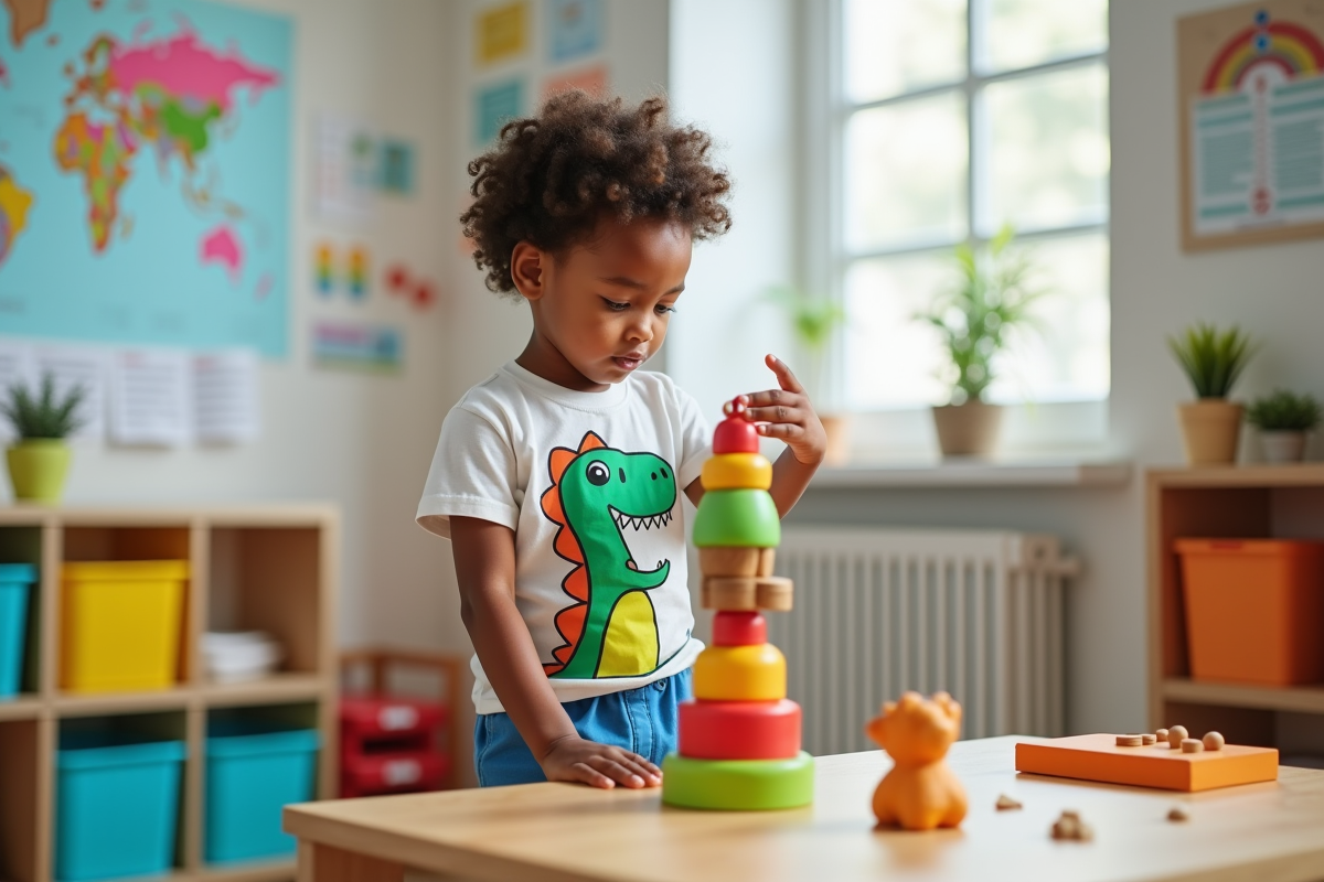 Garçon jouant avec un jouet dinosaure dans un cabinet médical coloré