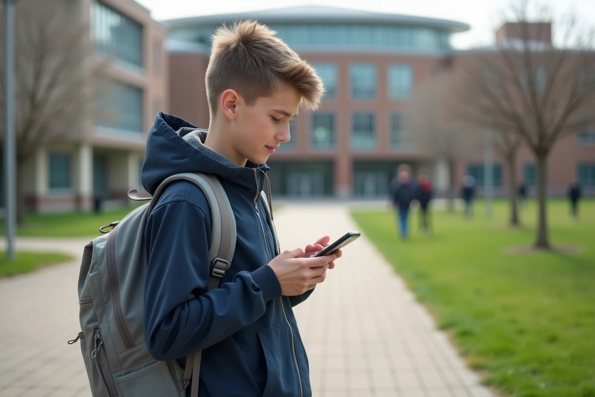 Garçon avec sac à dos regardant son smartphone dehors