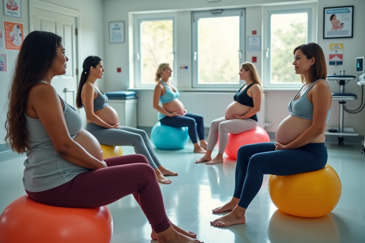 Groupe de femmes en exercice prénatal dans une salle de maternité