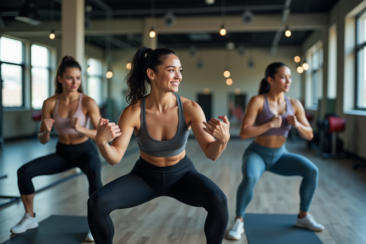 Groupe de femmes faisant des squats en salle de sport