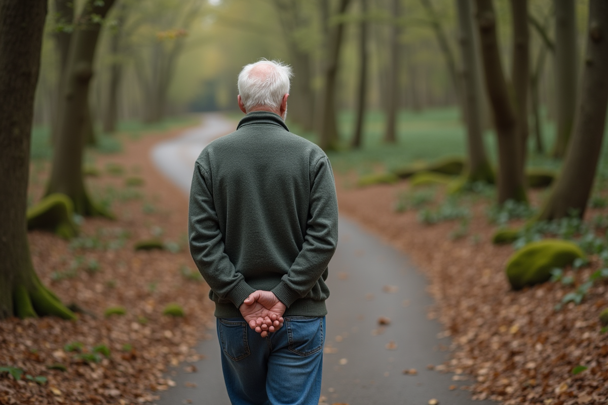 Homme senior marchant dans la forêt en pleine nature