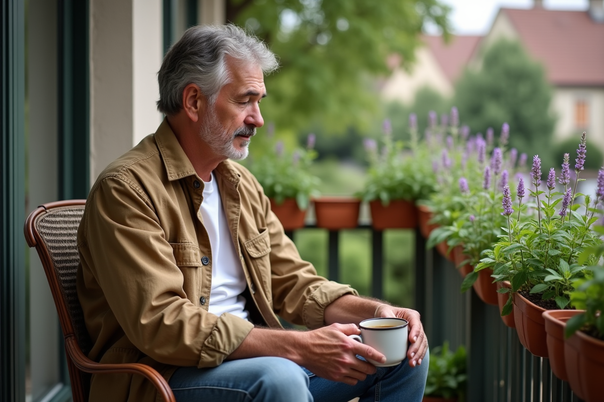 Homme en terrasse verse infusion aux plantes aromatiques