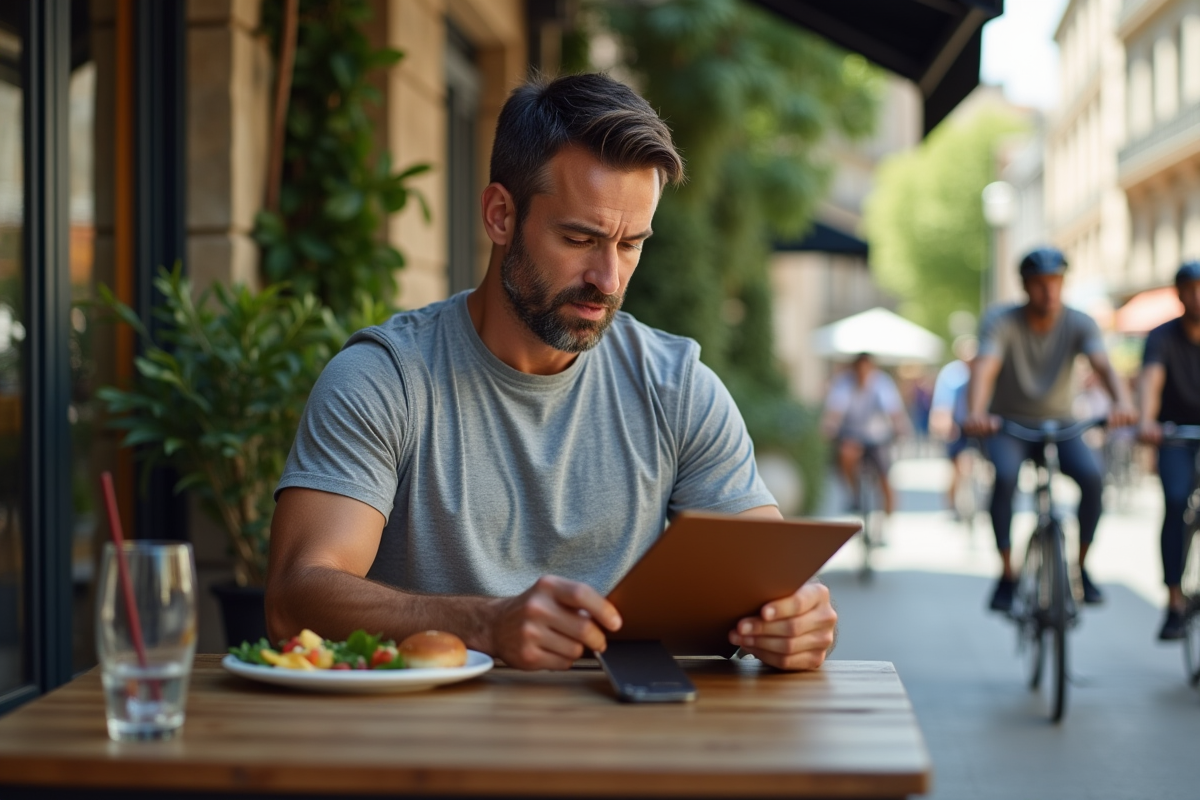 Homme en tenue sportive lisant un menu dans un café en plein air