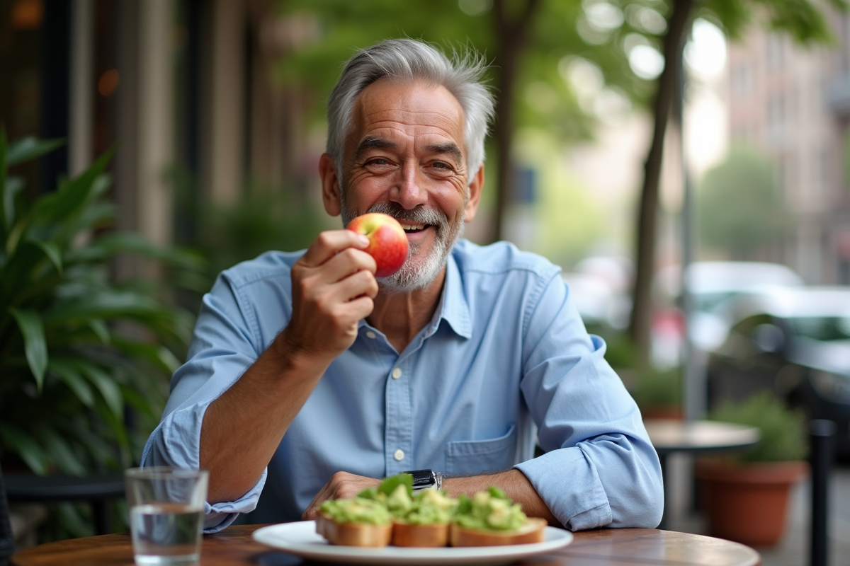 Homme dégustant une pomme au café en extérieur