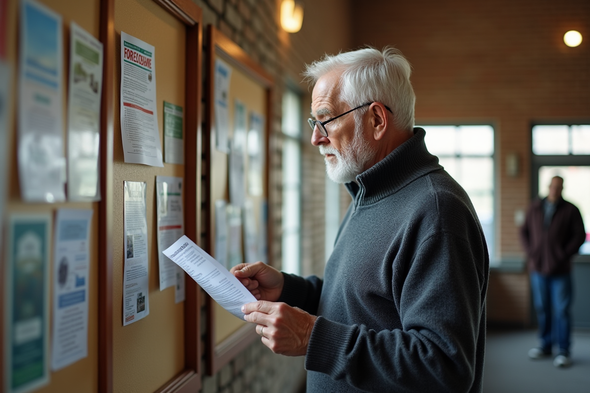 Homme âgé regardant des avis de saisie dans un centre communautaire