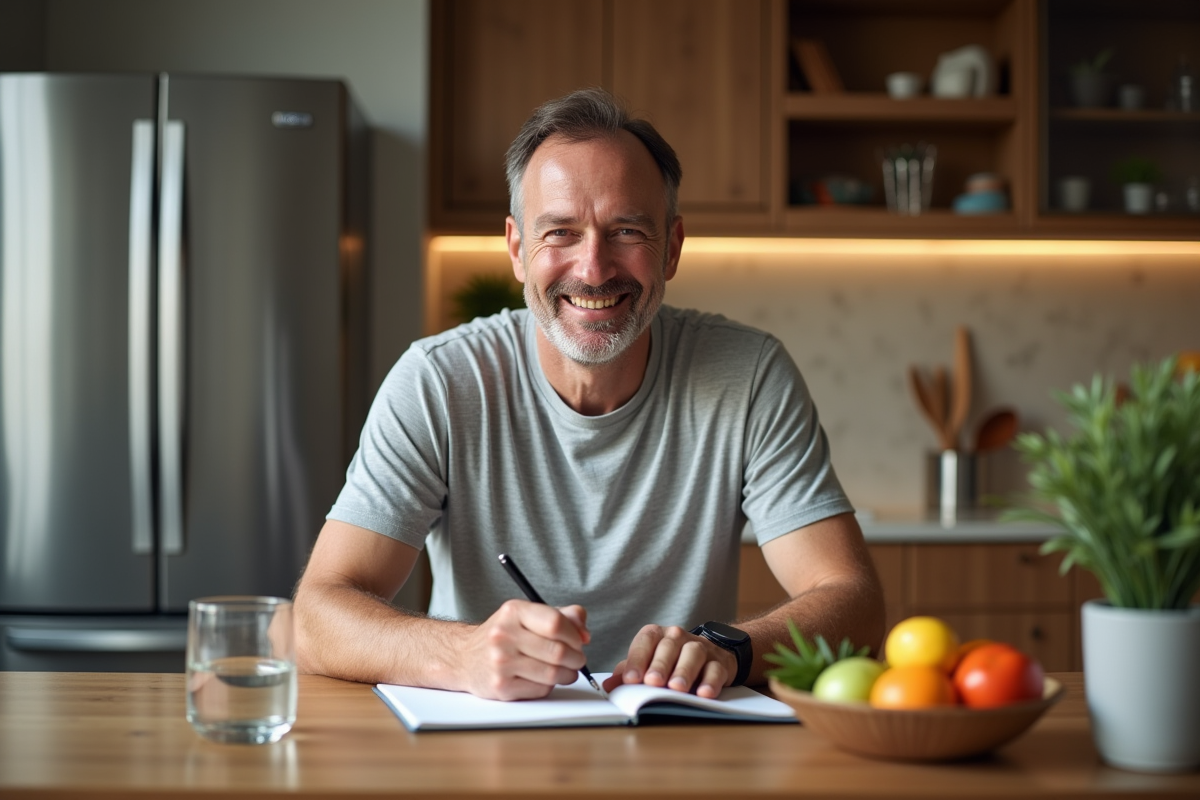 Homme souriant notant son alimentation dans la cuisine