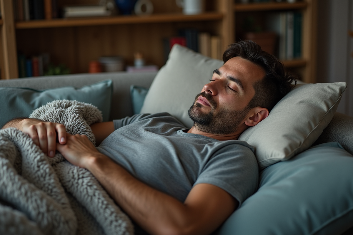 Homme endormi confortablement sur un canapé dans le salon