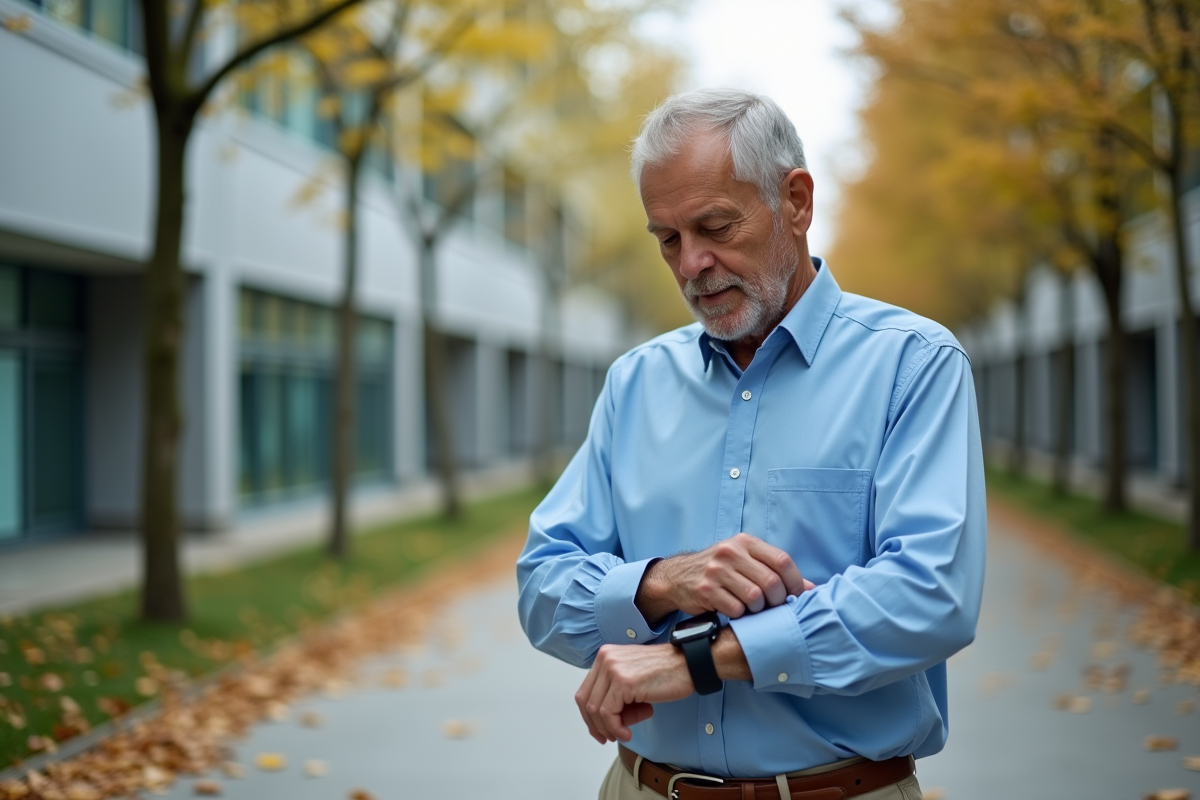 Homme âgé regardant sa montre dans un environnement hospitalier