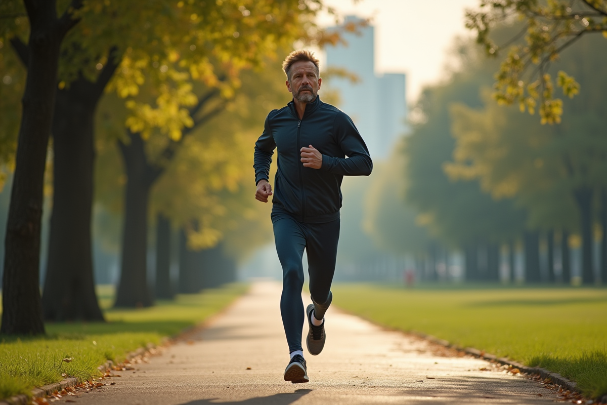 Homme courant dans un parc urbain au petit matin