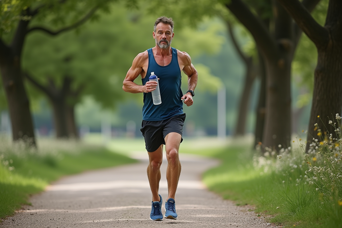Homme courant dans un parc en tenue sportive