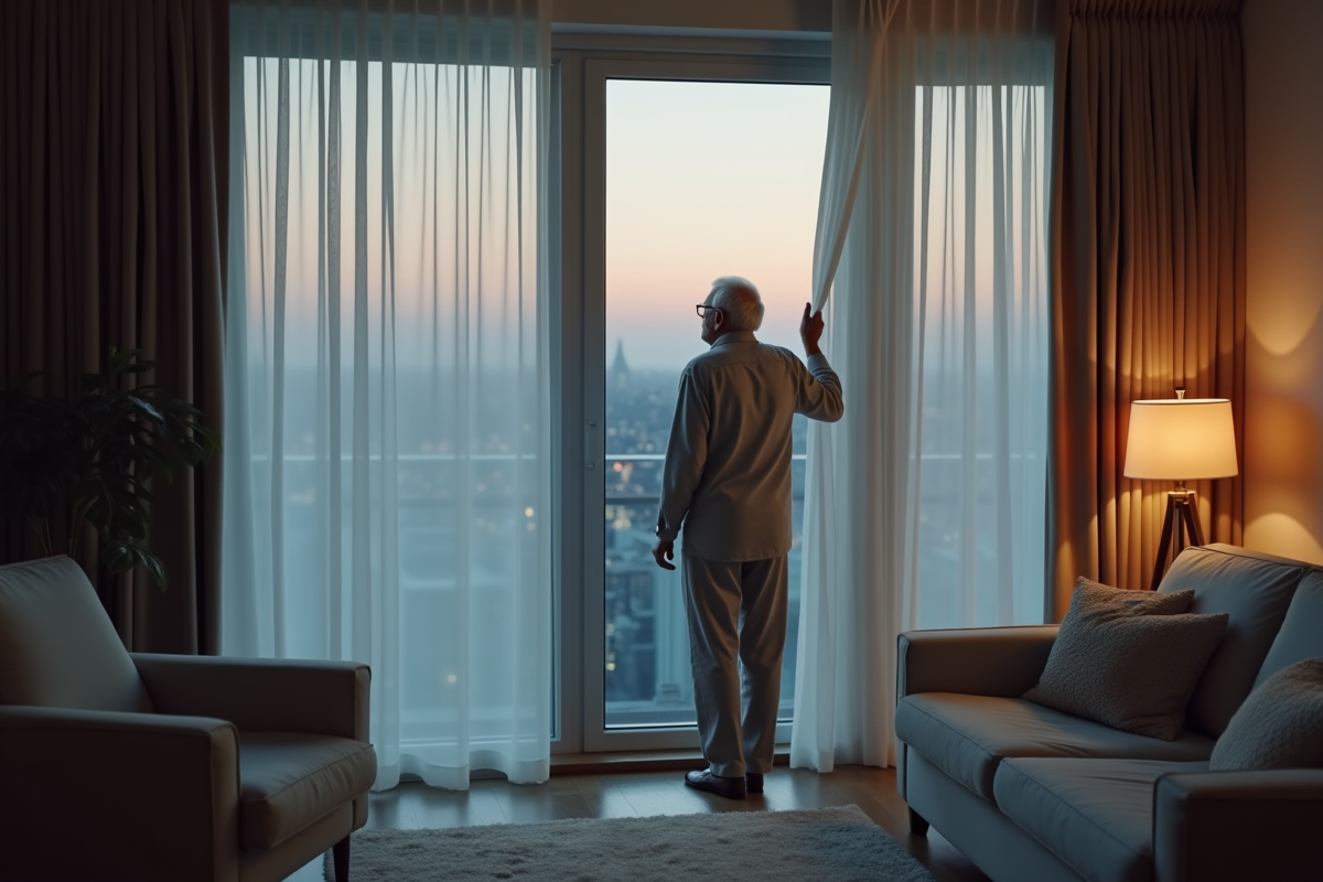 Homme âgé tirant les rideaux avant de dormir