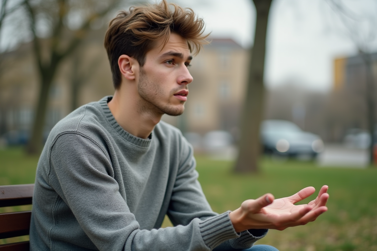 Jeune homme dans un parc montrant sa main contemplative