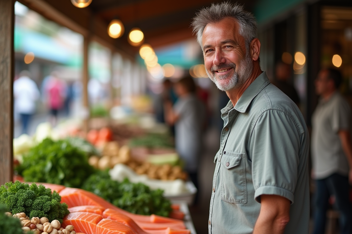 Homme regardant des produits frais au marché