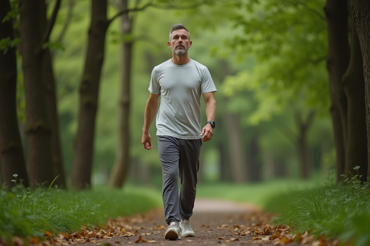 Homme marchant en forêt en pleine nature