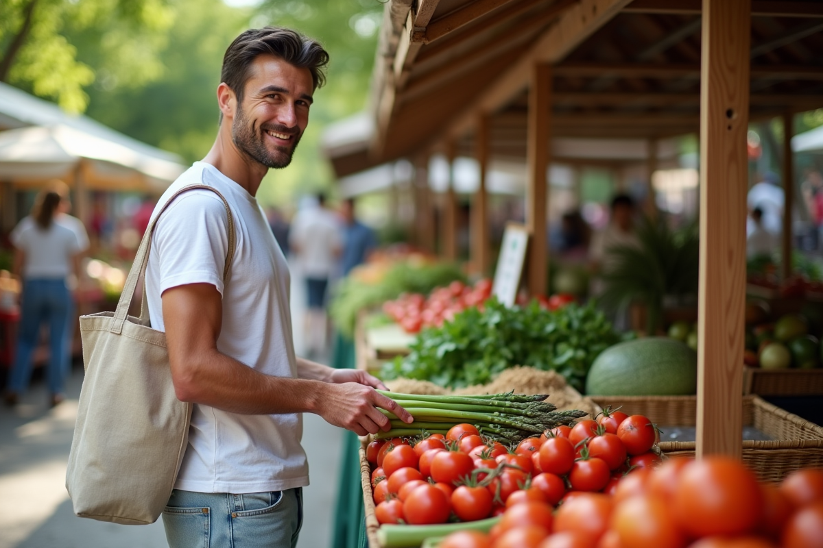 Homme achetant des légumes frais au marché en plein air