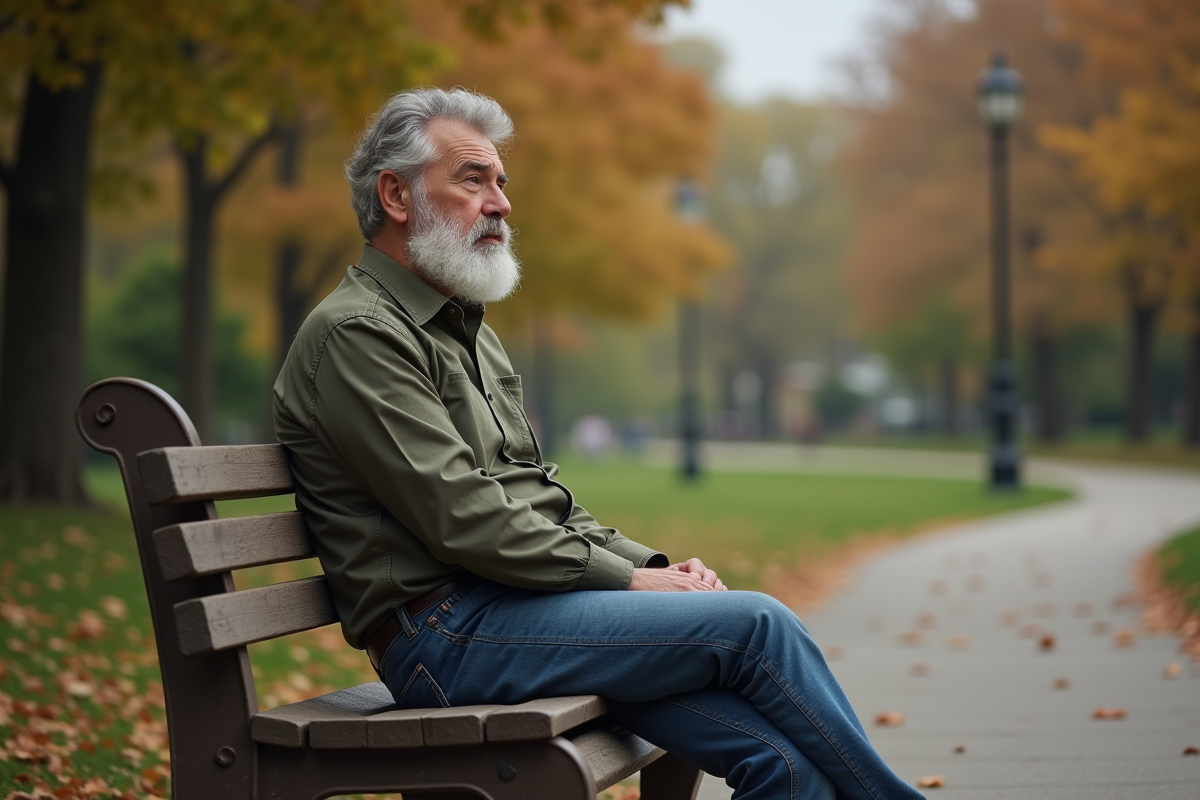 Homme d age moyen assis sur un banc dans un parc automnal