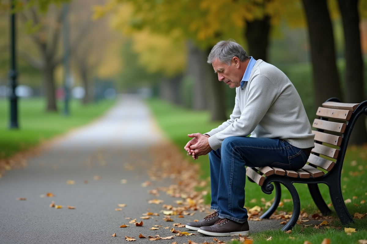 Homme assis seul sur un banc dans un parc calme