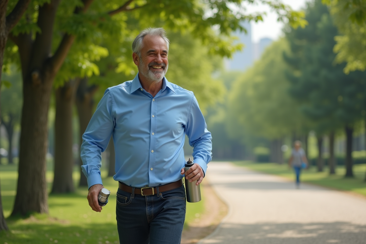 Homme marchant dans un parc urbain avec bouteille d