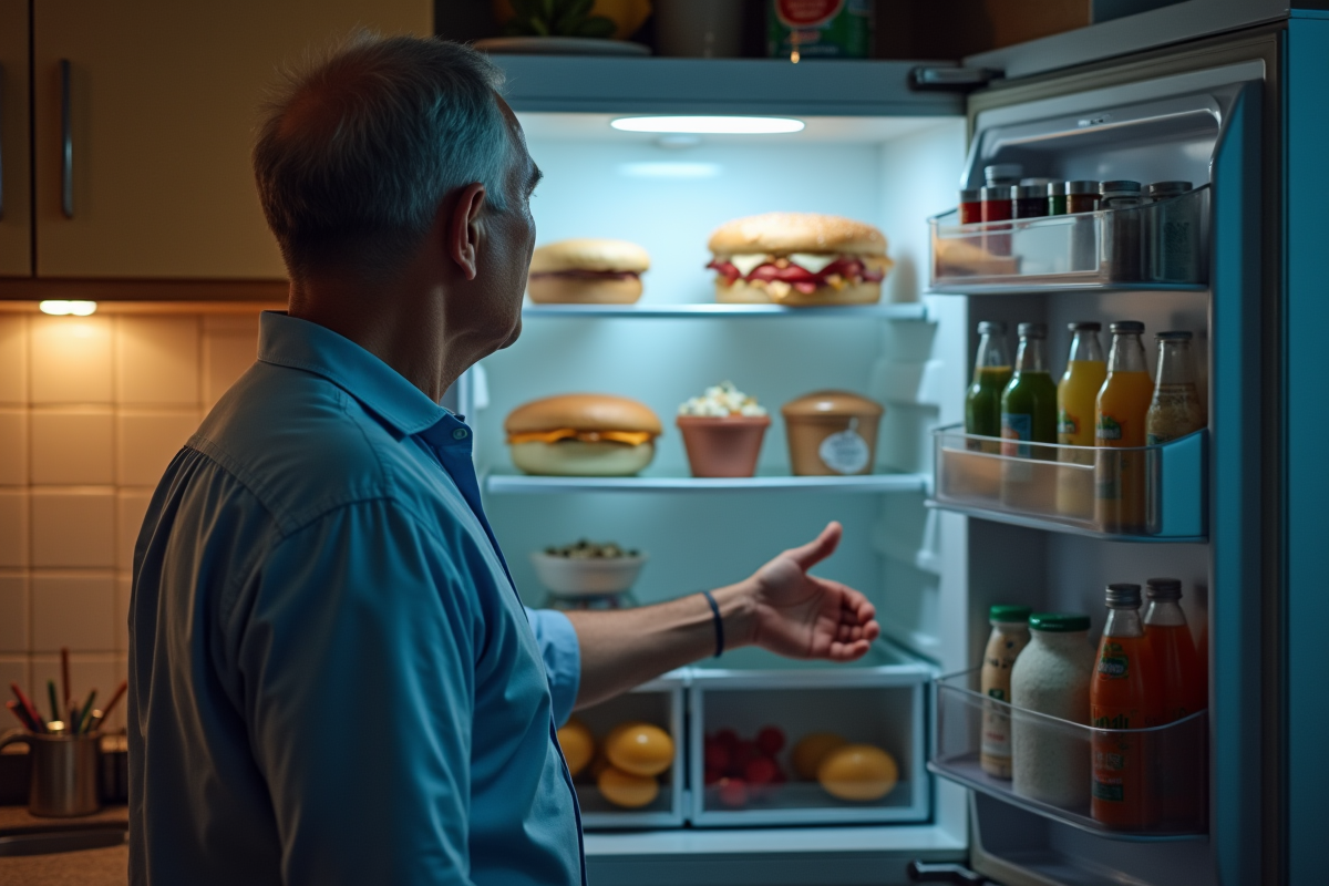 Homme regardant les aliments interdits dans le frigo