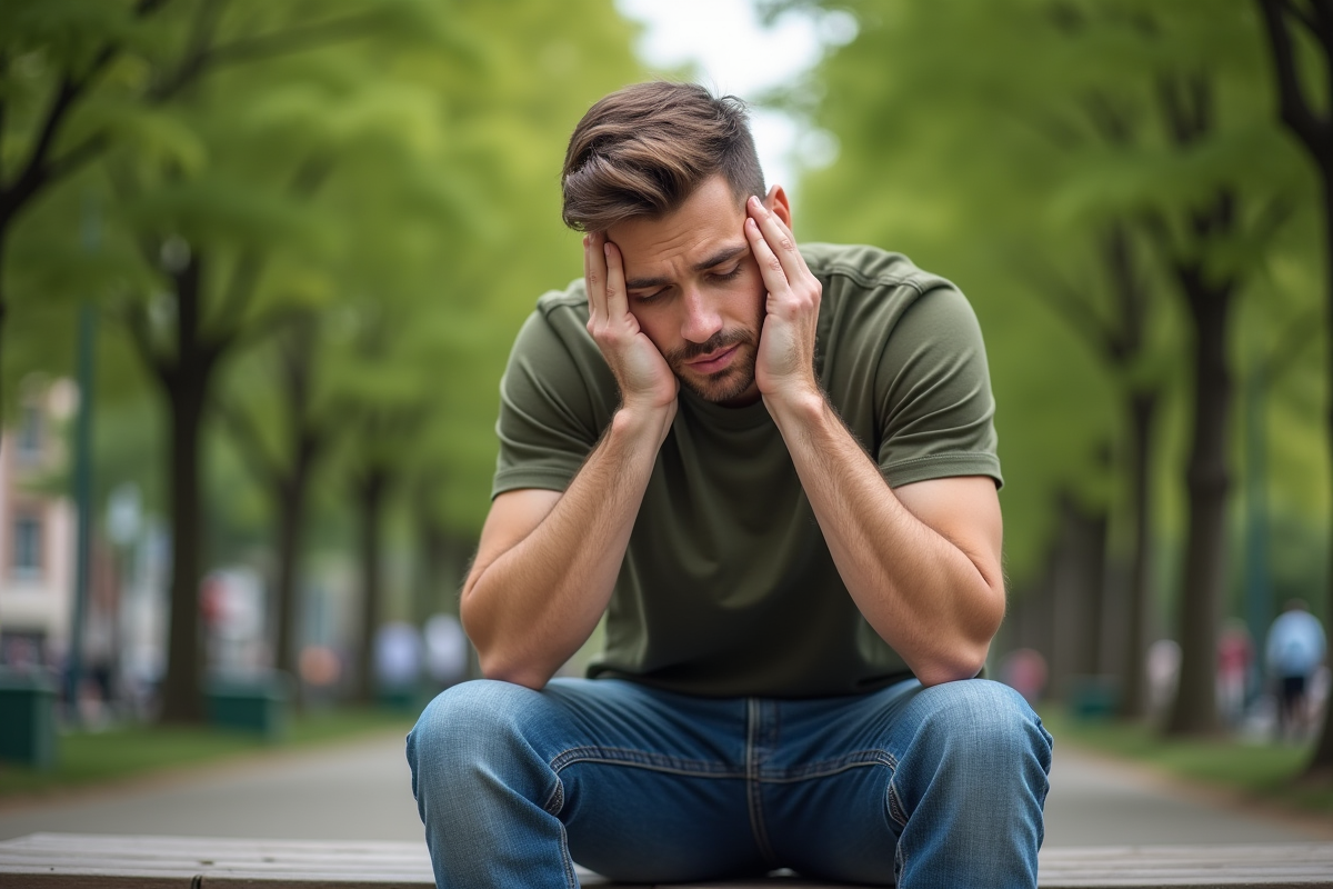Homme fatigué assis sur un banc dans un parc