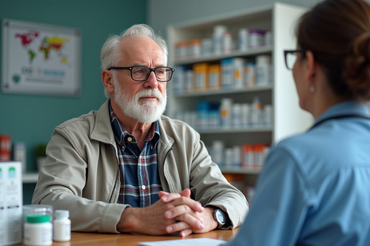 Homme senior discutant vaccination pneumonia au pharmacie