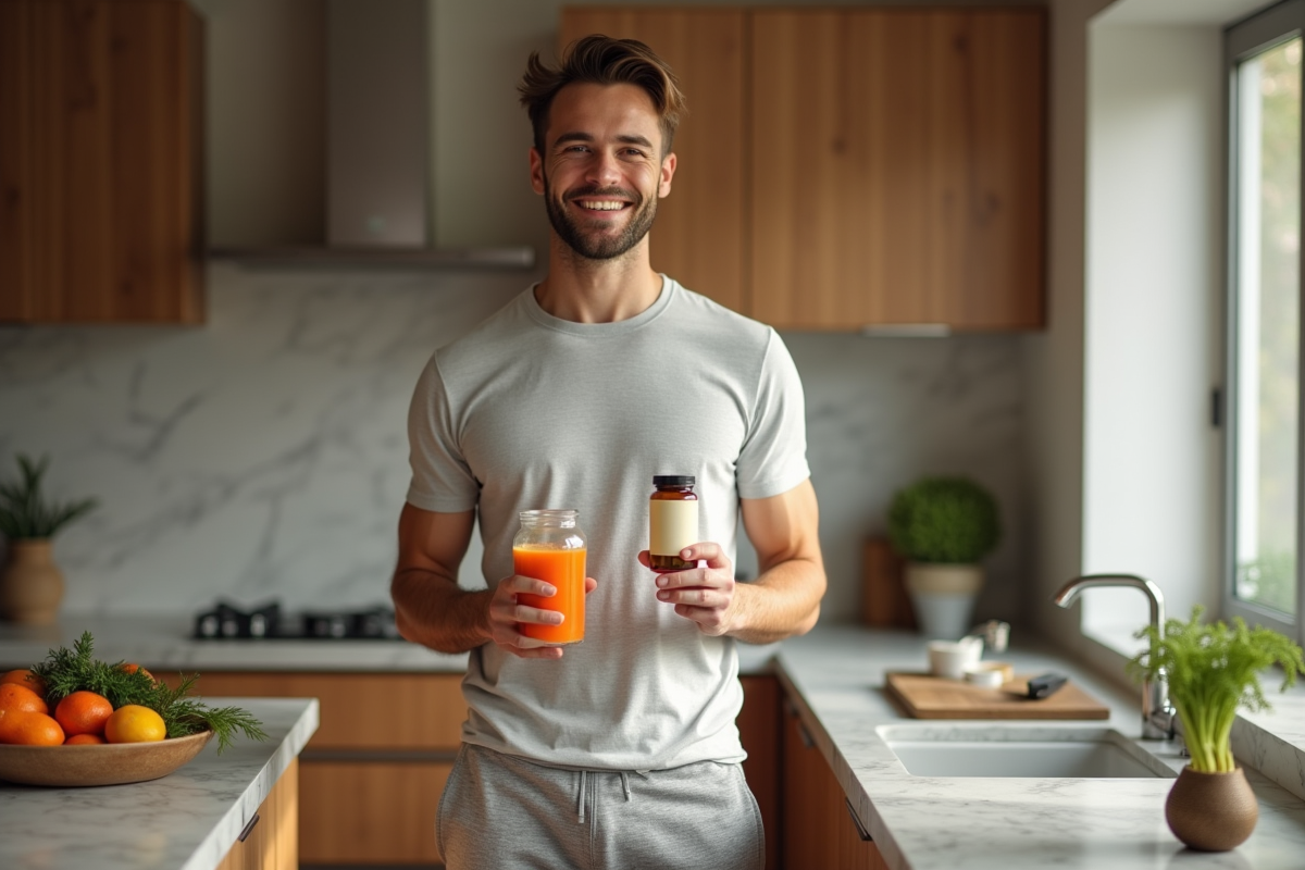 Homme souriant tenant un jus de carotte dans la cuisine ensoleillee